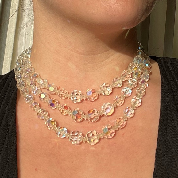 Vintage Aurora Borealis Three Strand Necklace mid century Costume Jewelry - Picture 2 of 7